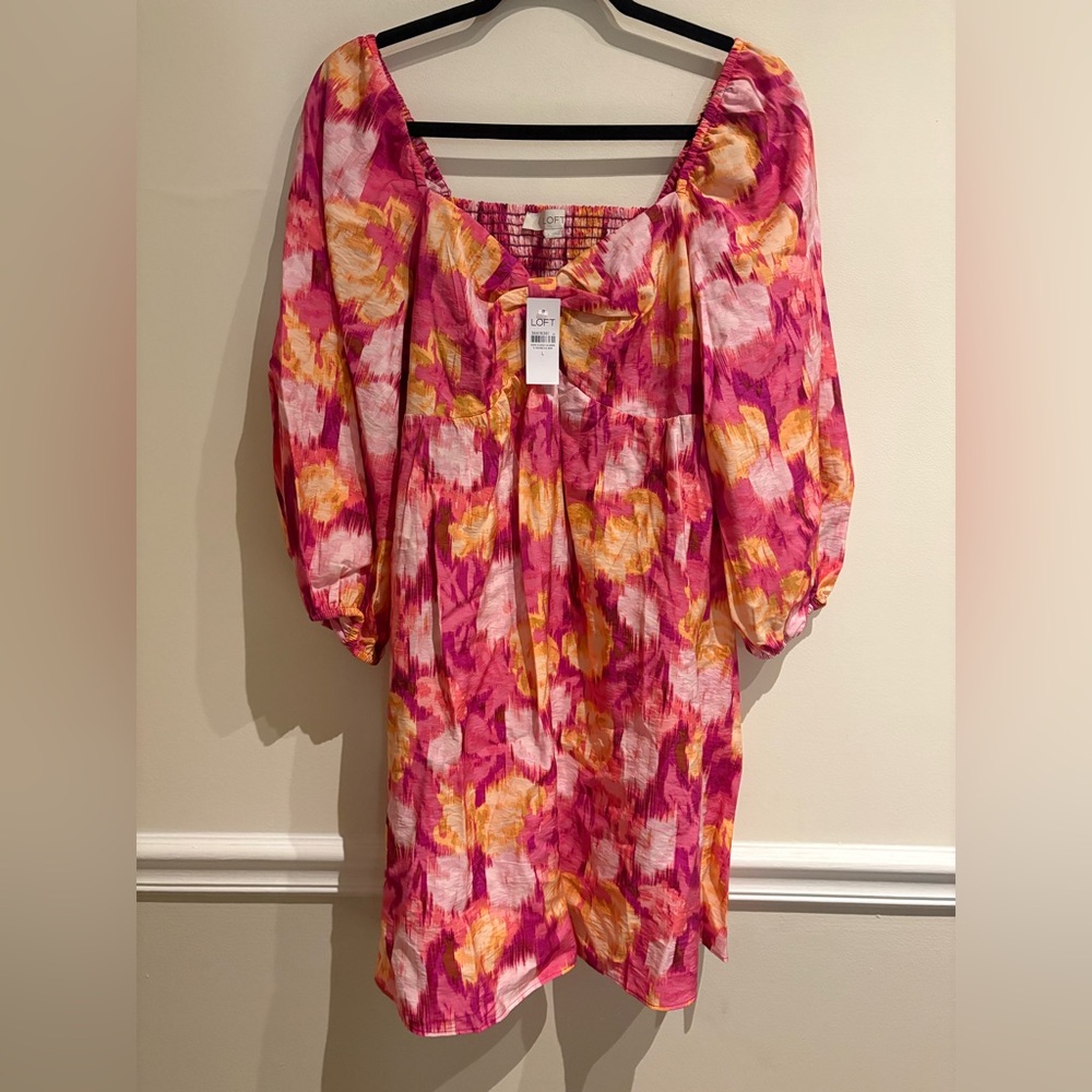 LOFT NWT Pink Floral Ikat Knotted Puff Sleeve Swing Dress Magenta Sunset Large - Picture 5 of 9